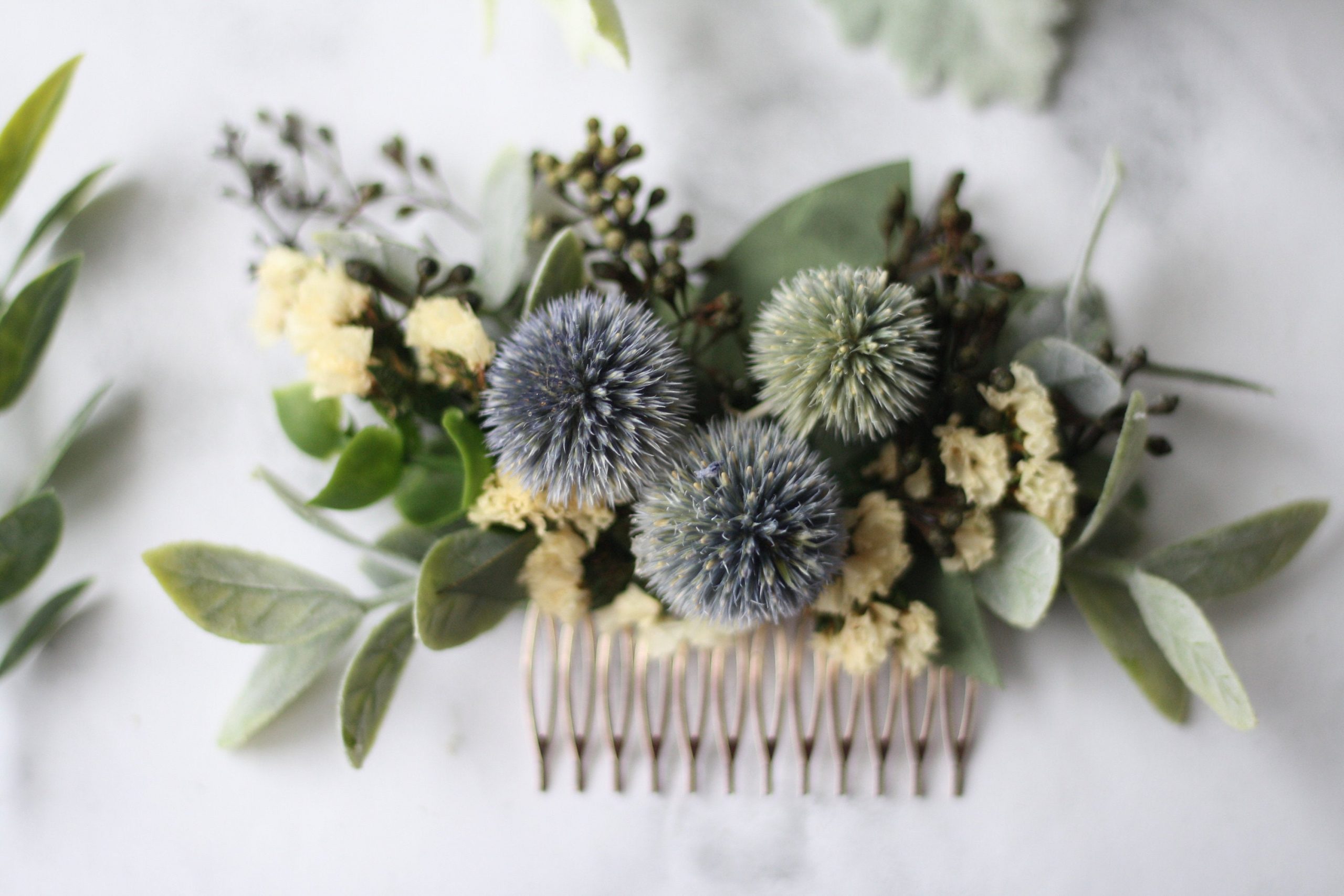 Something Blue Weddings Blue Eucalyptus Thistle Floral Greenery Hair Comb Wild Rose And Sparrow