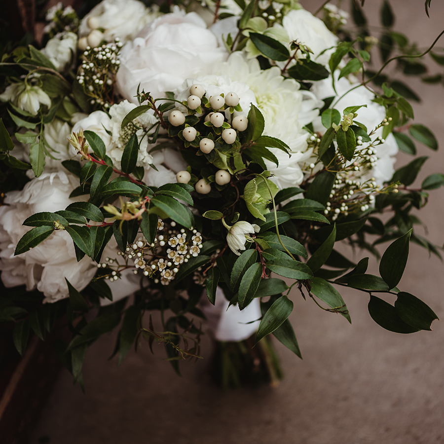 Something Blue Weddings White Flower and Greenery Bouquet Evelyn Vaughn Photography