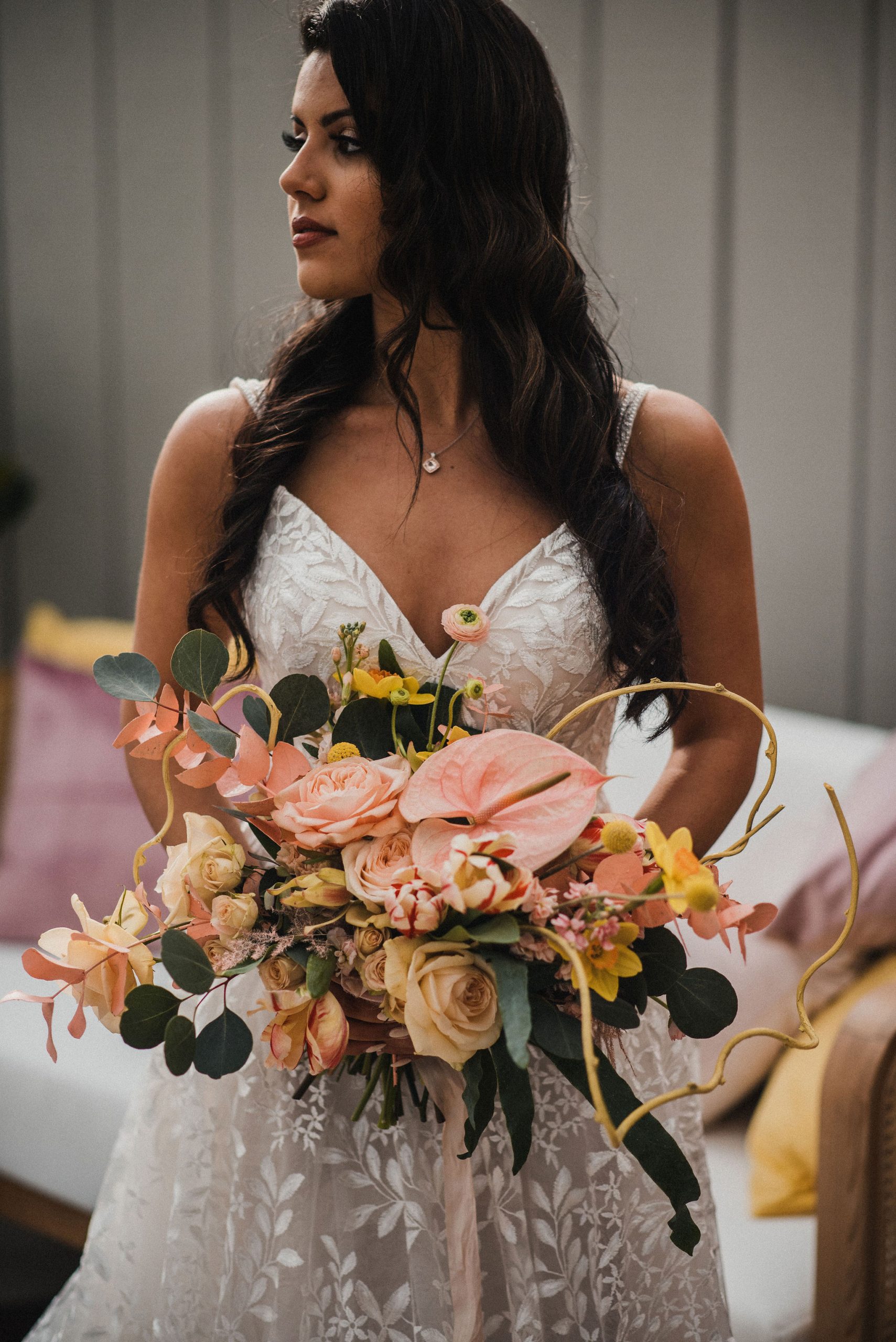colorful tropical ivy wedding bouquet