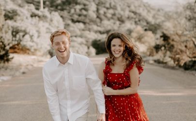 romantic sunset engagement session red dress